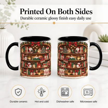 #pl[11oz|Black] Christmas Bookshelf Accent Mug, Ceramic Mug with Cozy Library Art