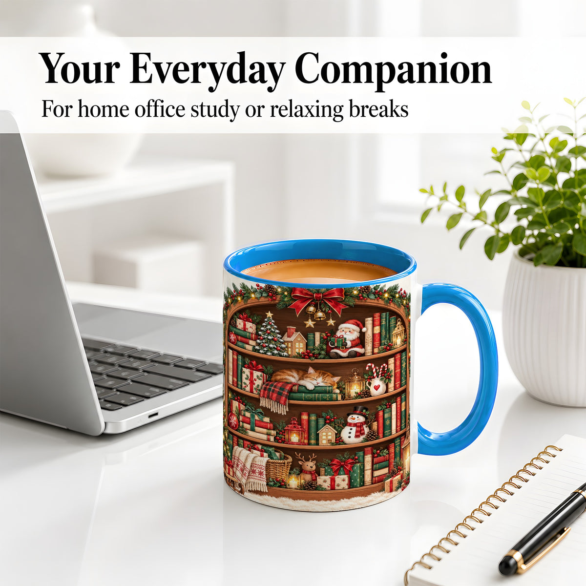 #pl[11oz|Blue] Christmas Bookshelf Accent Mug, Ceramic Mug with Cozy Library Art