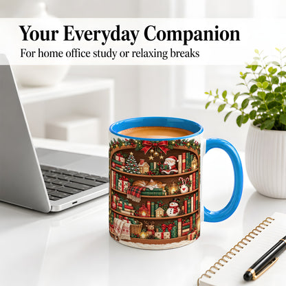 #pl[11oz|Blue] Christmas Bookshelf Accent Mug, Ceramic Mug with Cozy Library Art