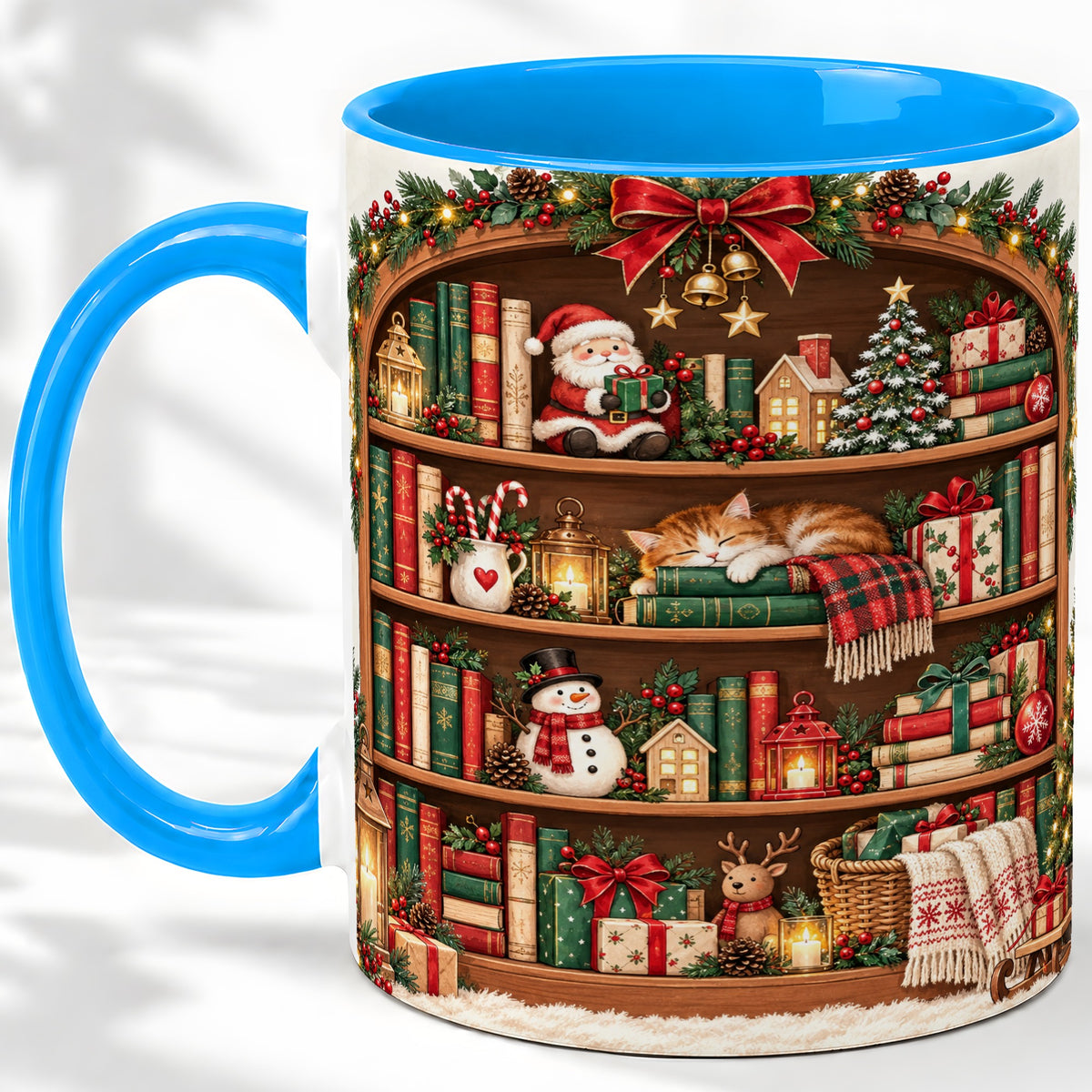 #pl[11oz|Blue] Christmas Bookshelf Accent Mug, Ceramic Mug with Cozy Library Art