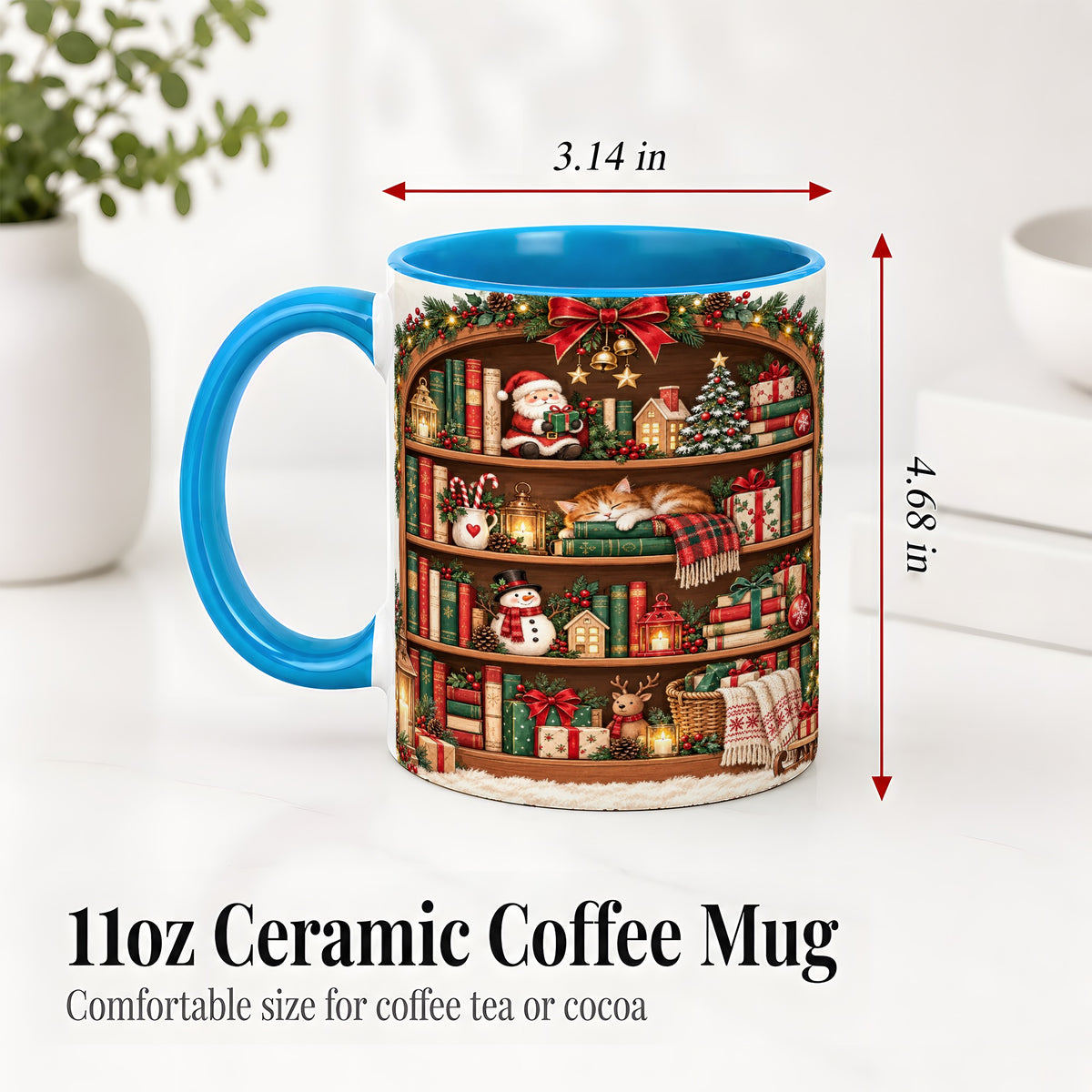 #pl[11oz|Blue] Christmas Bookshelf Accent Mug, Ceramic Mug with Cozy Library Art
