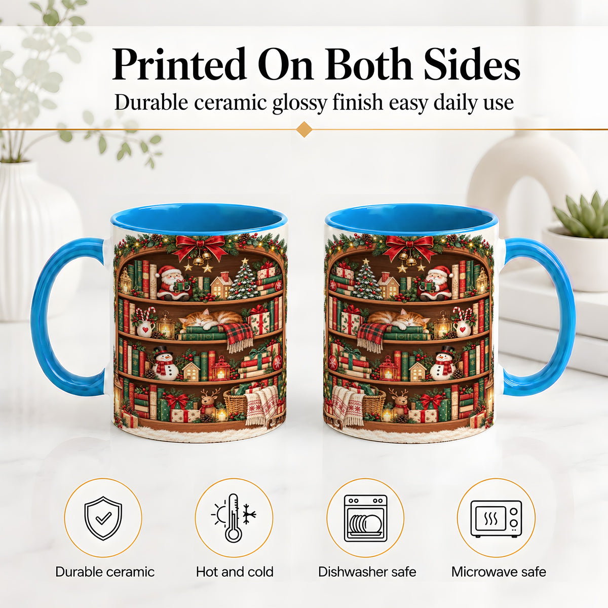 #pl[11oz|Blue] Christmas Bookshelf Accent Mug, Ceramic Mug with Cozy Library Art