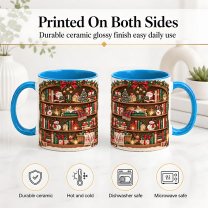 #pl[11oz|Blue] Christmas Bookshelf Accent Mug, Ceramic Mug with Cozy Library Art