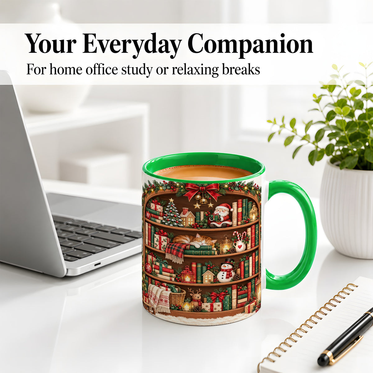 #pl[11oz|Green] Christmas Bookshelf Accent Mug, Ceramic Mug with Cozy Library Art