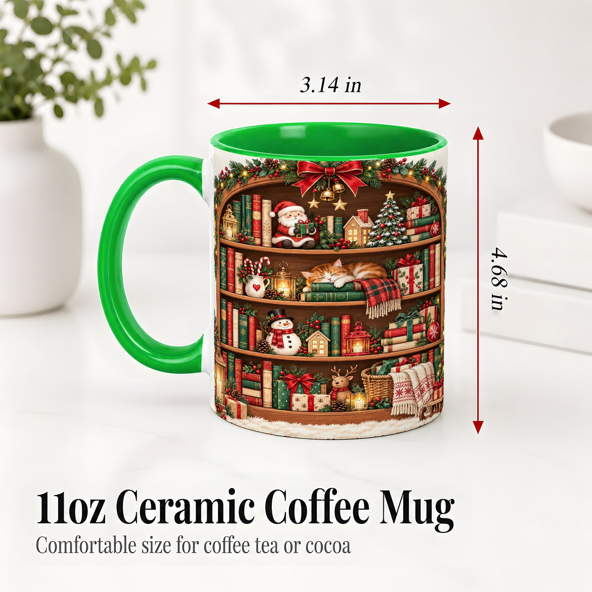 #pl[11oz|Green] Christmas Bookshelf Accent Mug, Ceramic Mug with Cozy Library Art