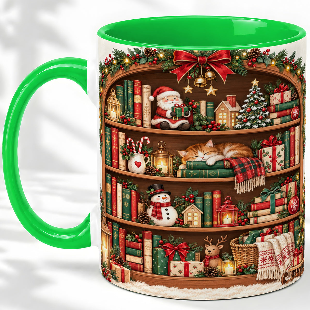 #pl[11oz|Green] Christmas Bookshelf Accent Mug, Ceramic Mug with Cozy Library Art