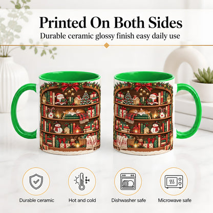#pl[11oz|Green] Christmas Bookshelf Accent Mug, Ceramic Mug with Cozy Library Art