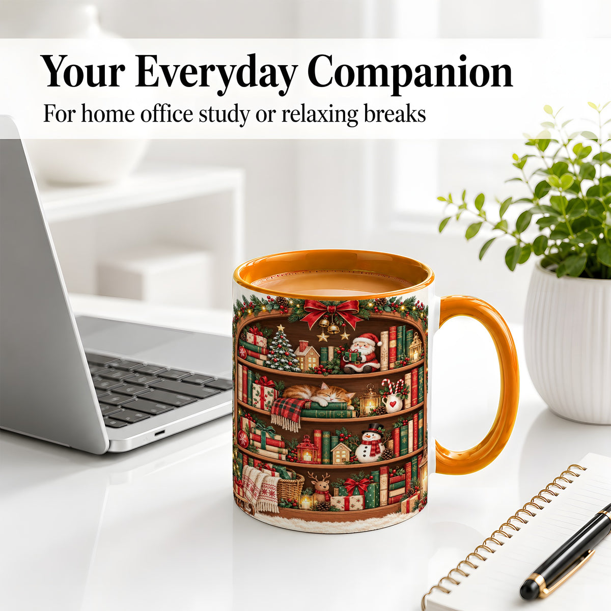 #pl[11oz|Orange] Christmas Bookshelf Accent Mug, Ceramic Mug with Cozy Library Art
