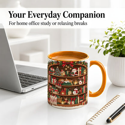 #pl[11oz|Orange] Christmas Bookshelf Accent Mug, Ceramic Mug with Cozy Library Art