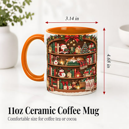 #pl[11oz|Orange] Christmas Bookshelf Accent Mug, Ceramic Mug with Cozy Library Art