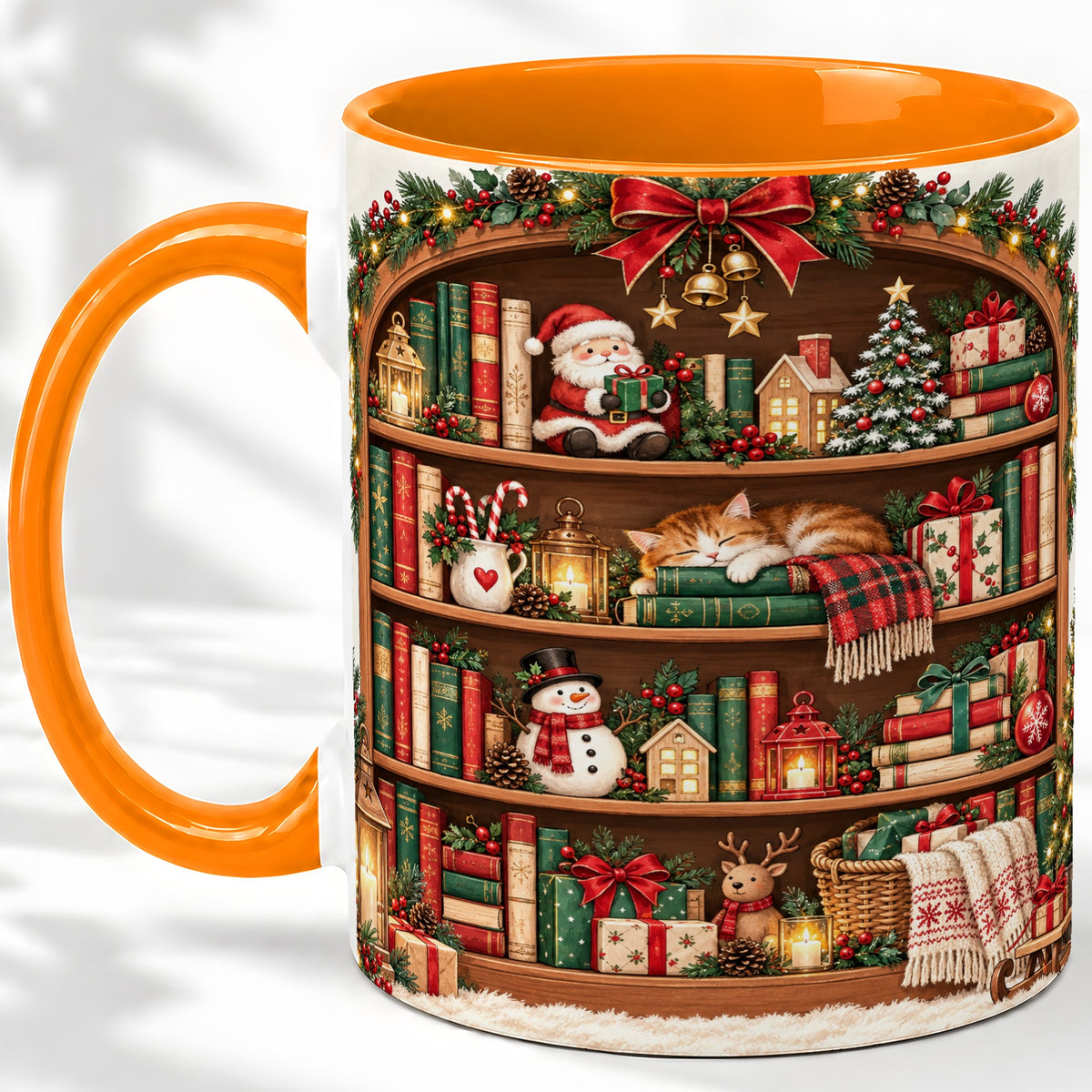 #pl[11oz|Orange] Christmas Bookshelf Accent Mug, Ceramic Mug with Cozy Library Art