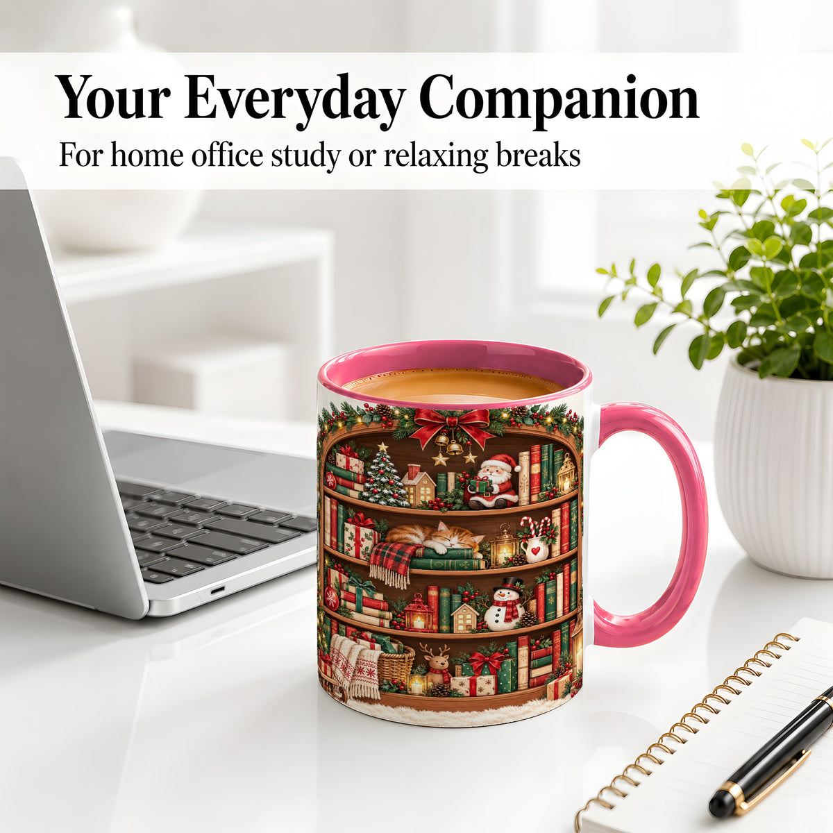 #pl[11oz|Pink] Christmas Bookshelf Accent Mug, Ceramic Mug with Cozy Library Art
