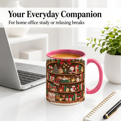 #pl[11oz|Pink] Christmas Bookshelf Accent Mug, Ceramic Mug with Cozy Library Art