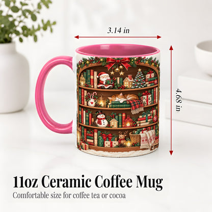#pl[11oz|Pink] Christmas Bookshelf Accent Mug, Ceramic Mug with Cozy Library Art