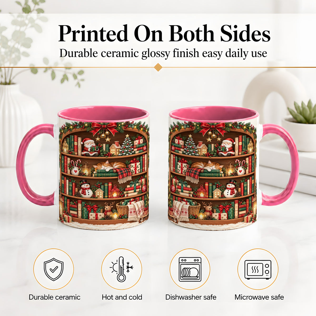 #pl[11oz|Pink] Christmas Bookshelf Accent Mug, Ceramic Mug with Cozy Library Art