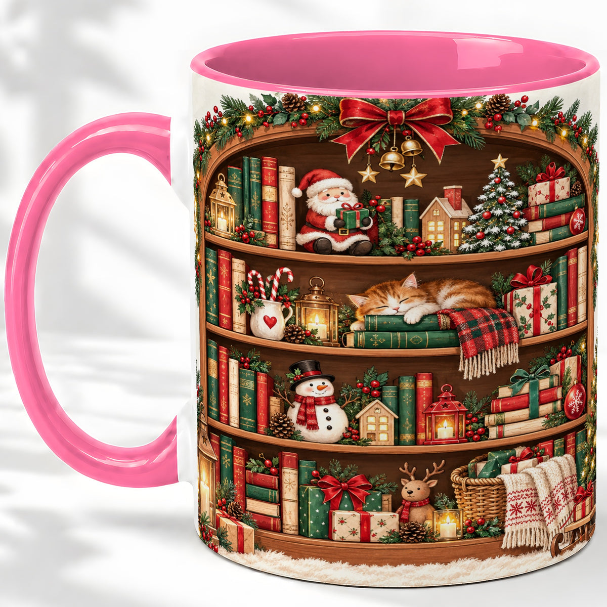 #pl[11oz|Pink] Christmas Bookshelf Accent Mug, Ceramic Mug with Cozy Library Art