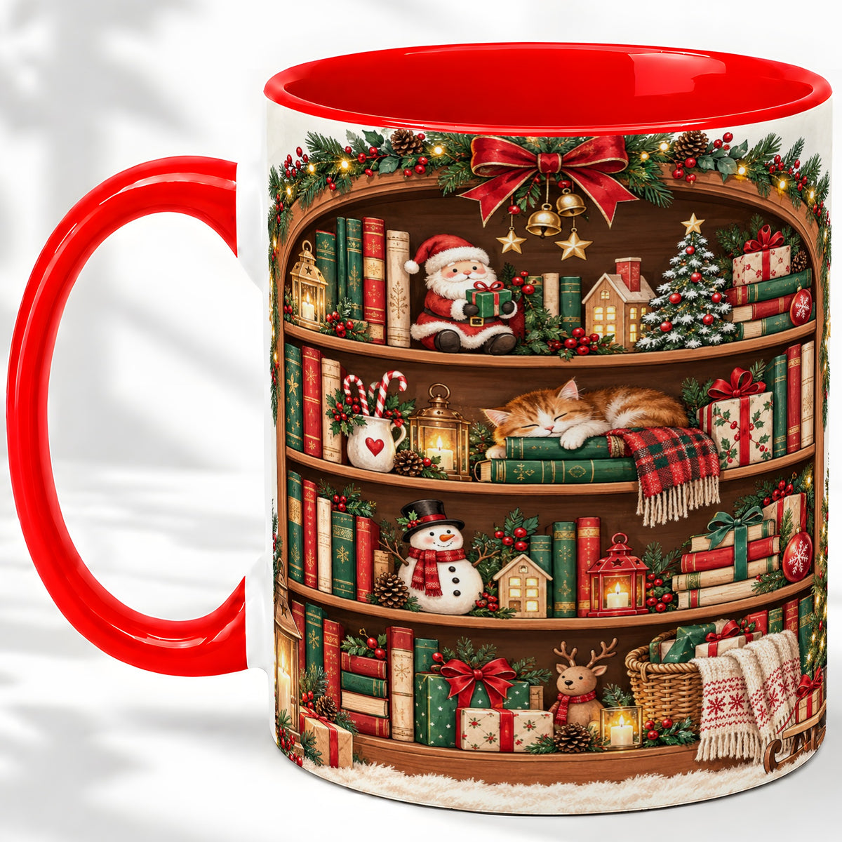 Christmas Bookshelf Accent Mug, Ceramic Mug with Cozy Library Art