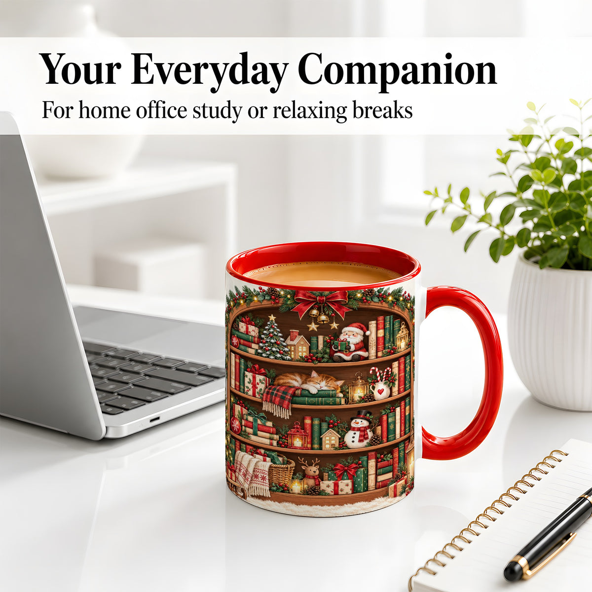 #pl[11oz|Red] Christmas Bookshelf Accent Mug, Ceramic Mug with Cozy Library Art