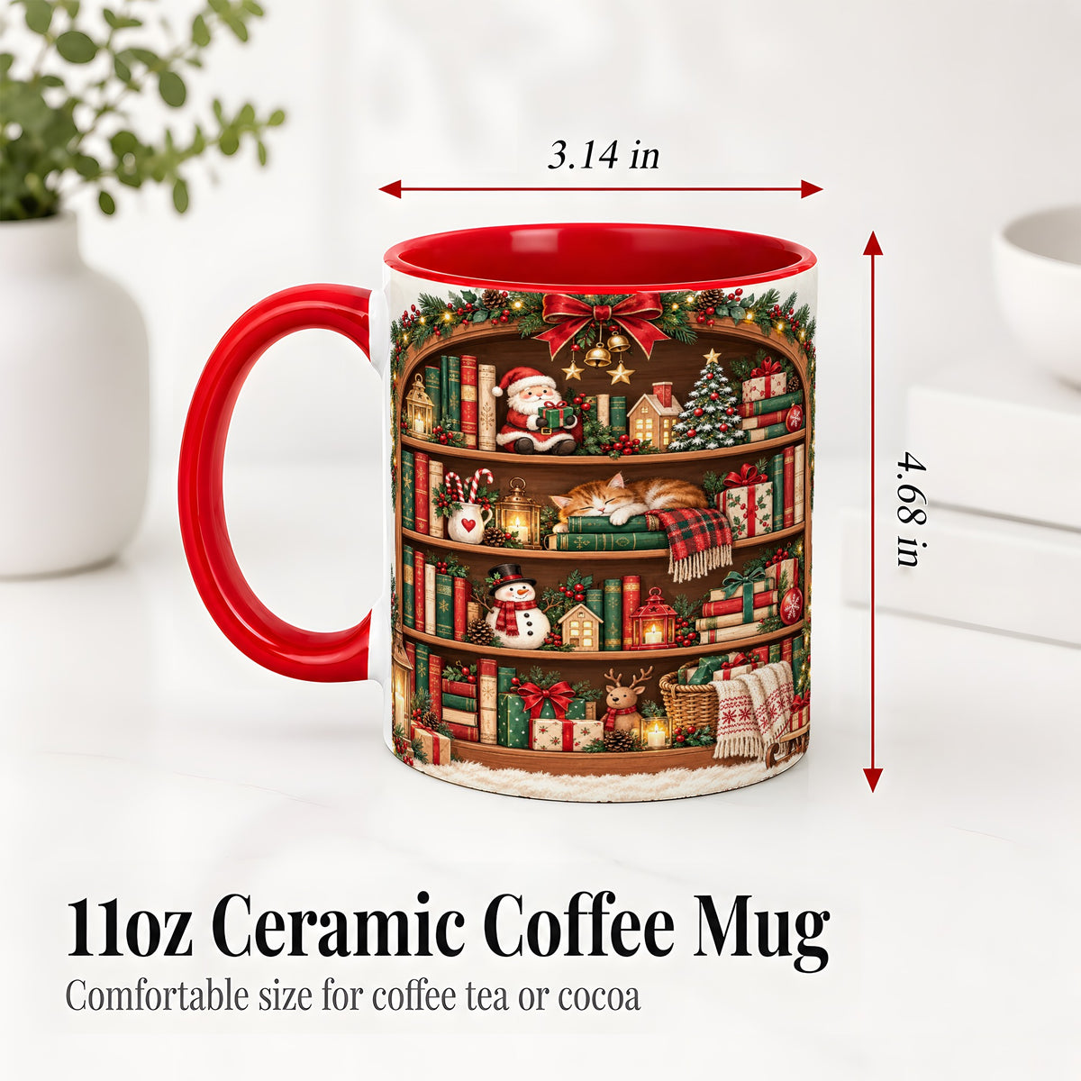 #pl[11oz|Red] Christmas Bookshelf Accent Mug, Ceramic Mug with Cozy Library Art