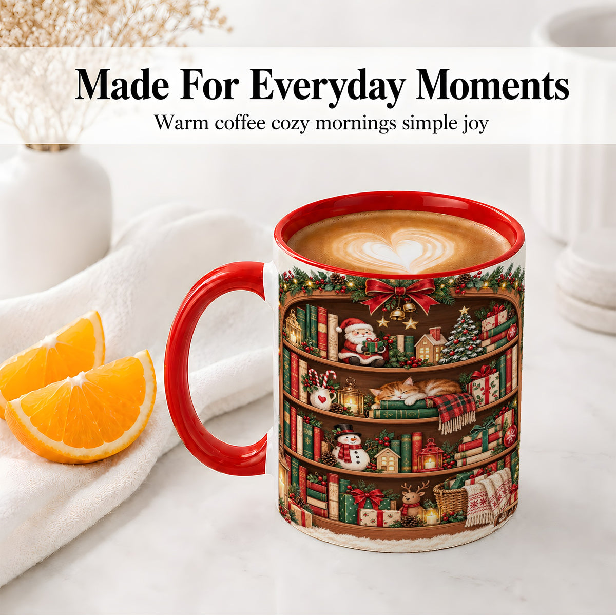 #pl[11oz|Red] Christmas Bookshelf Accent Mug, Ceramic Mug with Cozy Library Art