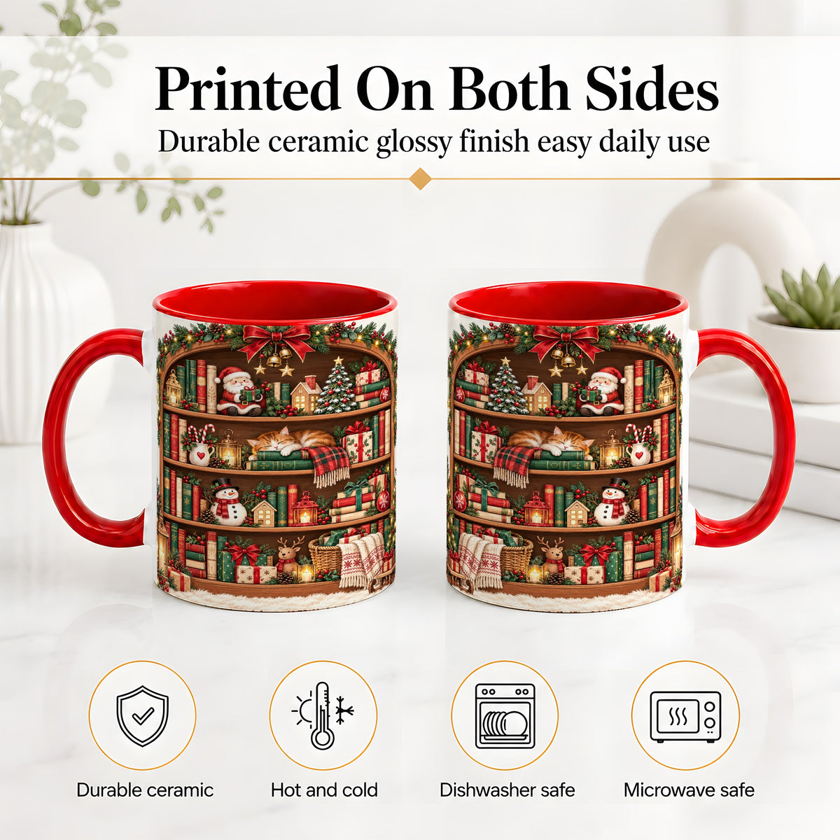 #pl[11oz|Red] Christmas Bookshelf Accent Mug, Ceramic Mug with Cozy Library Art