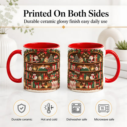 #pl[11oz|Red] Christmas Bookshelf Accent Mug, Ceramic Mug with Cozy Library Art