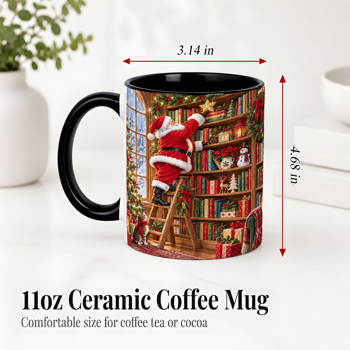 #pl[11oz|Black] Santa Library Accent Mug, Ceramic Mug with Christmas Book Artwork