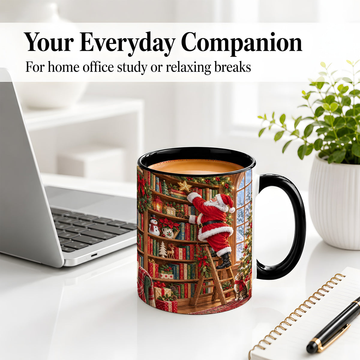 #pl[11oz|Black] Santa Library Accent Mug, Ceramic Mug with Christmas Book Artwork