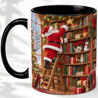 #pl[11oz|Black] Santa Library Accent Mug, Ceramic Mug with Christmas Book Artwork
