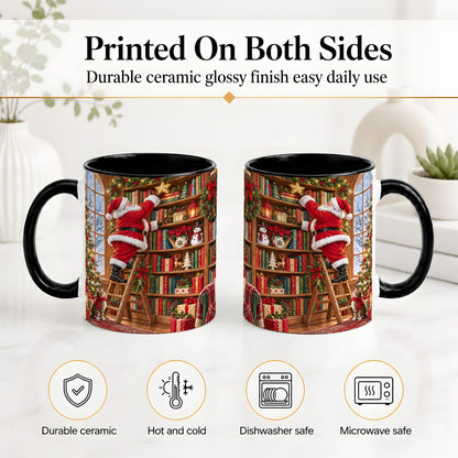 #pl[11oz|Black] Santa Library Accent Mug, Ceramic Mug with Christmas Book Artwork