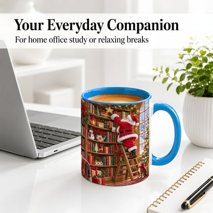 #pl[11oz|Blue] Santa Library Accent Mug, Ceramic Mug with Christmas Book Artwork