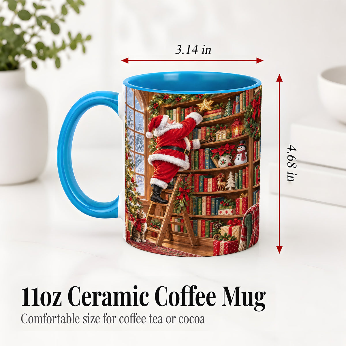 #pl[11oz|Blue] Santa Library Accent Mug, Ceramic Mug with Christmas Book Artwork