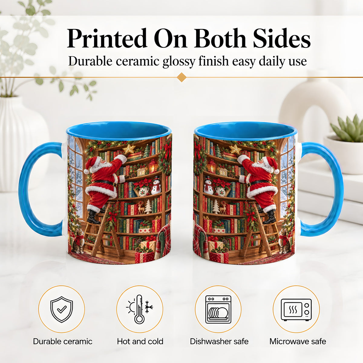 #pl[11oz|Blue] Santa Library Accent Mug, Ceramic Mug with Christmas Book Artwork