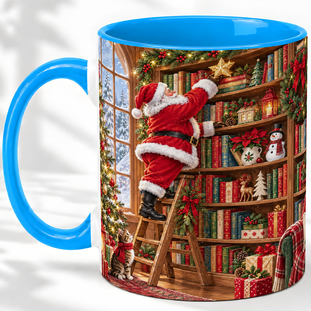 #pl[11oz|Blue] Santa Library Accent Mug, Ceramic Mug with Christmas Book Artwork