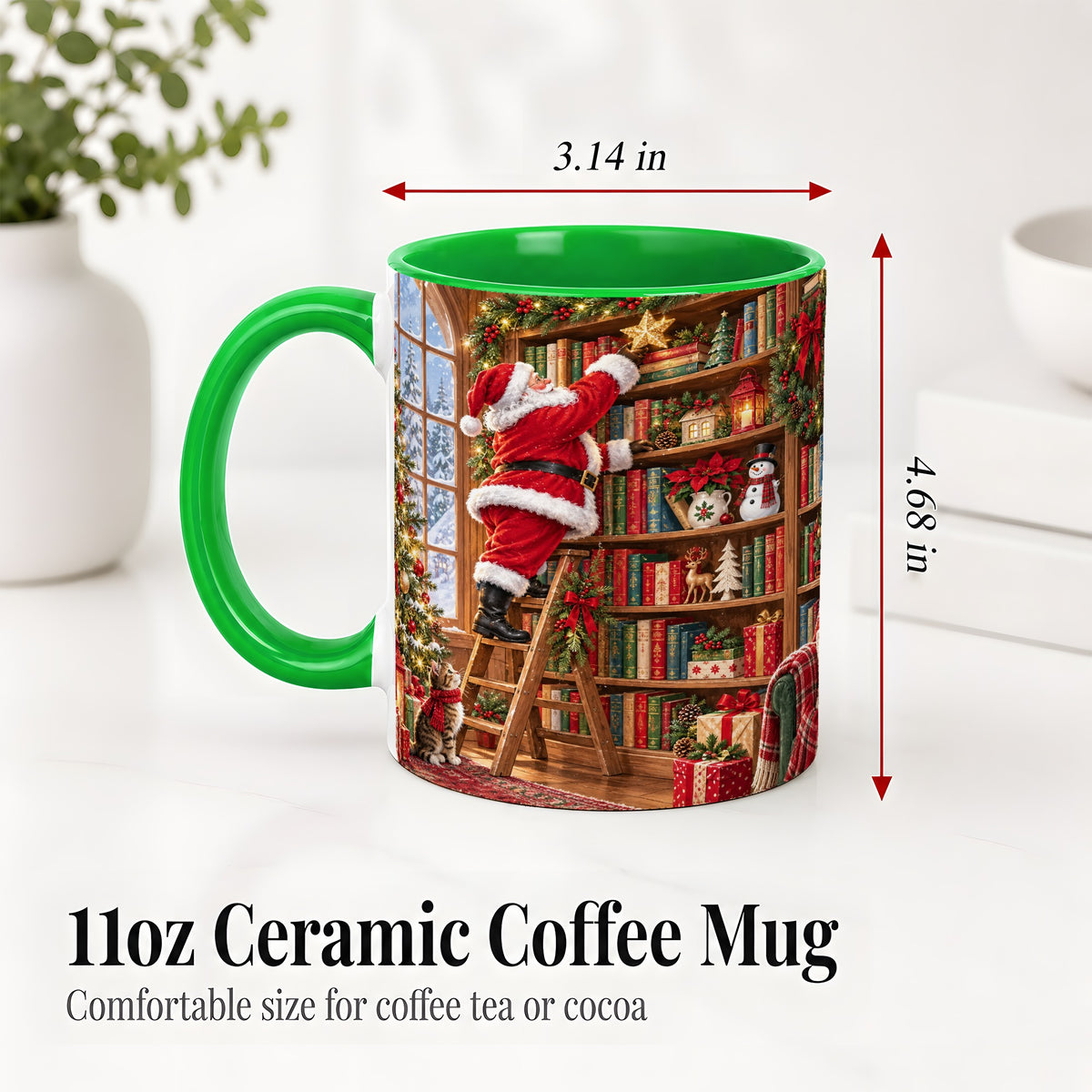 #pl[11oz|Green] Santa Library Accent Mug, Ceramic Mug with Christmas Book Artwork