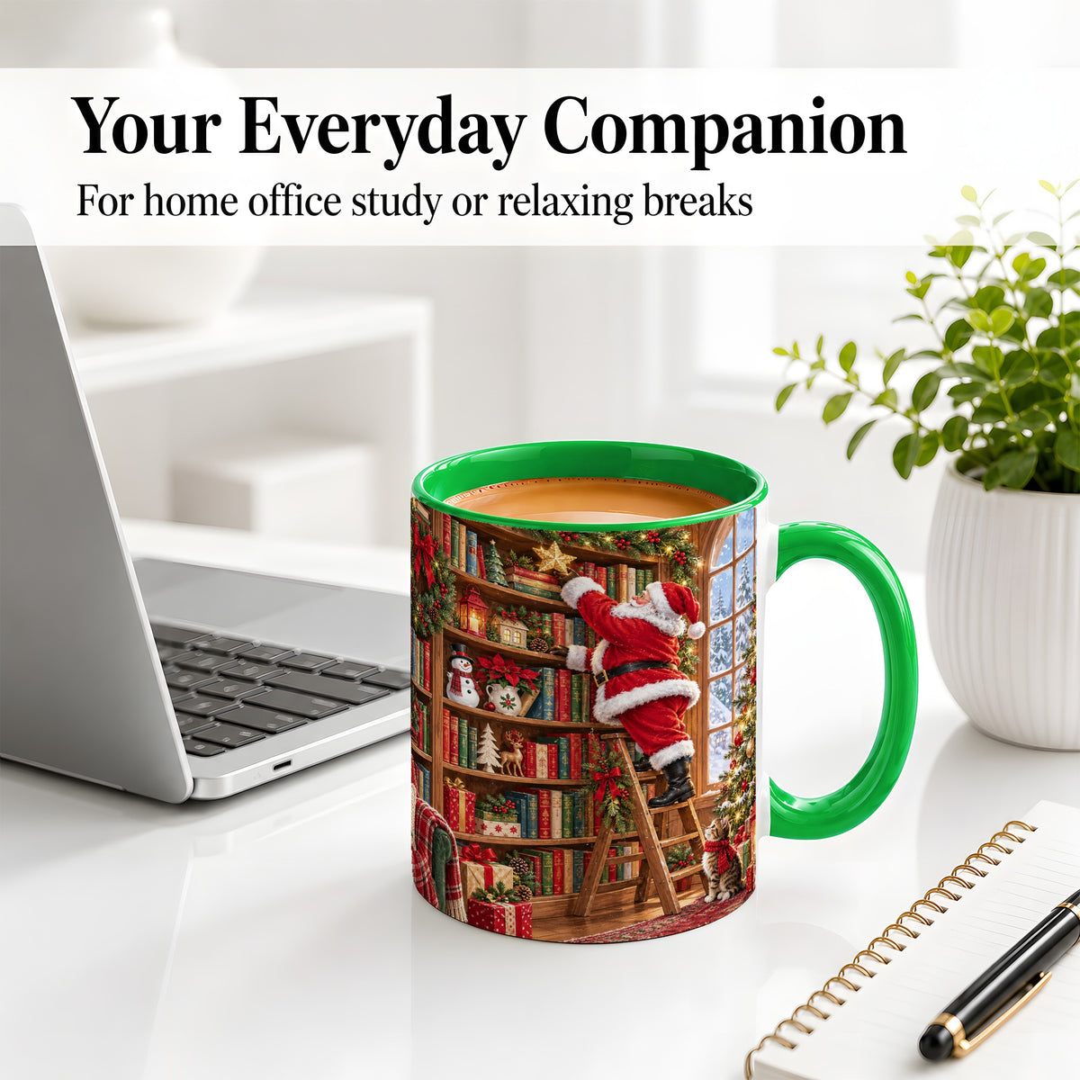 #pl[11oz|Green] Santa Library Accent Mug, Ceramic Mug with Christmas Book Artwork