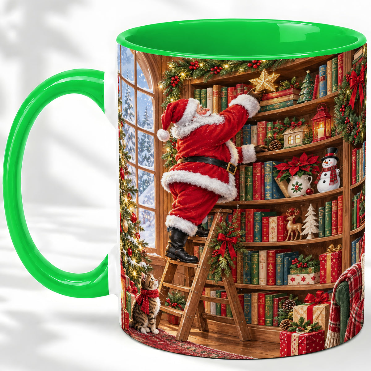 #pl[11oz|Green] Santa Library Accent Mug, Ceramic Mug with Christmas Book Artwork
