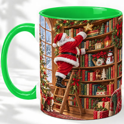 #pl[11oz|Green] Santa Library Accent Mug, Ceramic Mug with Christmas Book Artwork