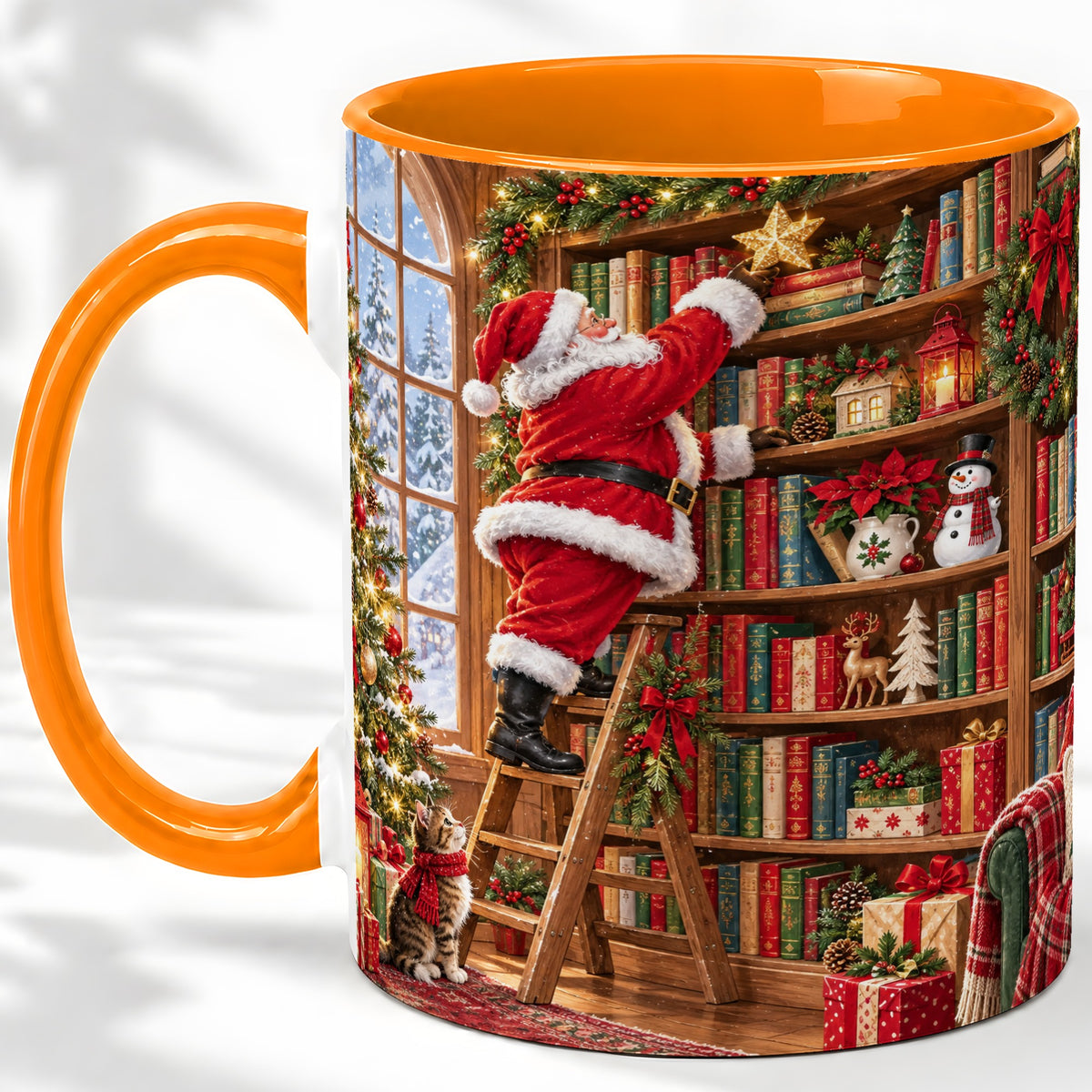 #pl[11oz|Orange] Santa Library Accent Mug, Ceramic Mug with Christmas Book Artwork