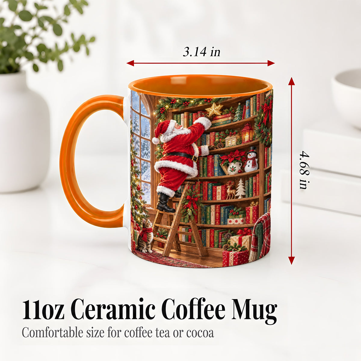 #pl[11oz|Orange] Santa Library Accent Mug, Ceramic Mug with Christmas Book Artwork