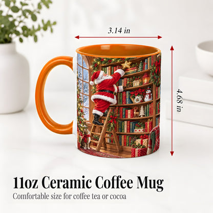 #pl[11oz|Orange] Santa Library Accent Mug, Ceramic Mug with Christmas Book Artwork