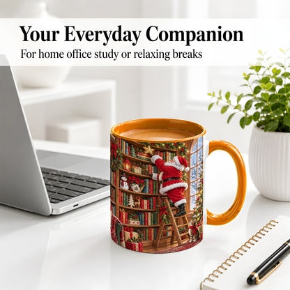 #pl[11oz|Orange] Santa Library Accent Mug, Ceramic Mug with Christmas Book Artwork