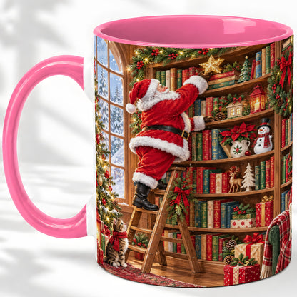#pl[11oz|Pink] Santa Library Accent Mug, Ceramic Mug with Christmas Book Artwork