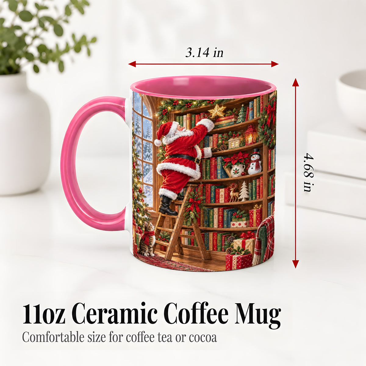 #pl[11oz|Pink] Santa Library Accent Mug, Ceramic Mug with Christmas Book Artwork