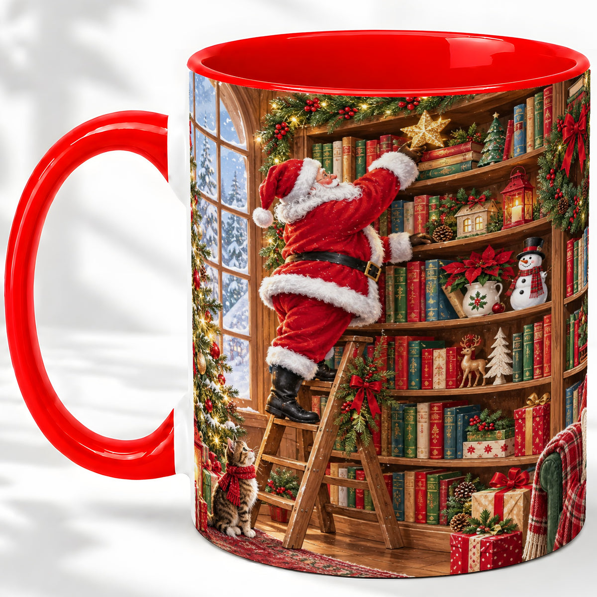 Santa Library Accent Mug, Ceramic Mug with Christmas Book Artwork