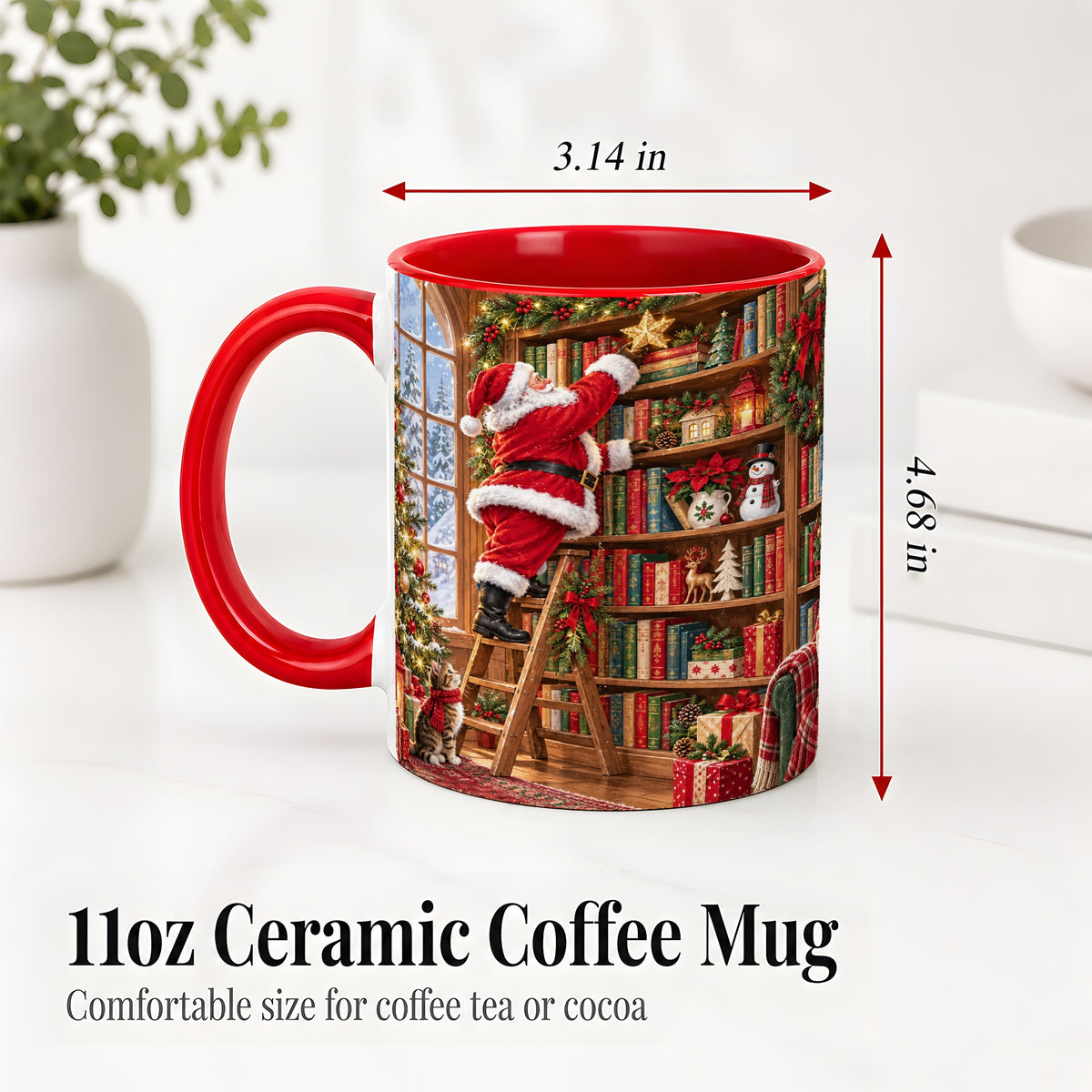 #pl[11oz|Red] Santa Library Accent Mug, Ceramic Mug with Christmas Book Artwork