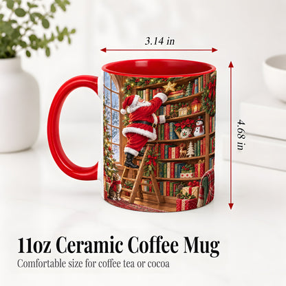 #pl[11oz|Red] Santa Library Accent Mug, Ceramic Mug with Christmas Book Artwork