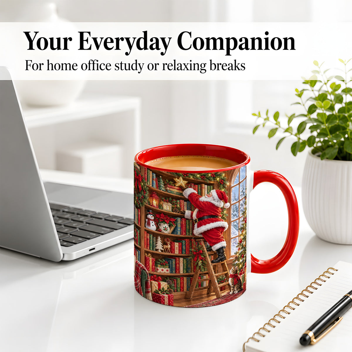#pl[11oz|Red] Santa Library Accent Mug, Ceramic Mug with Christmas Book Artwork