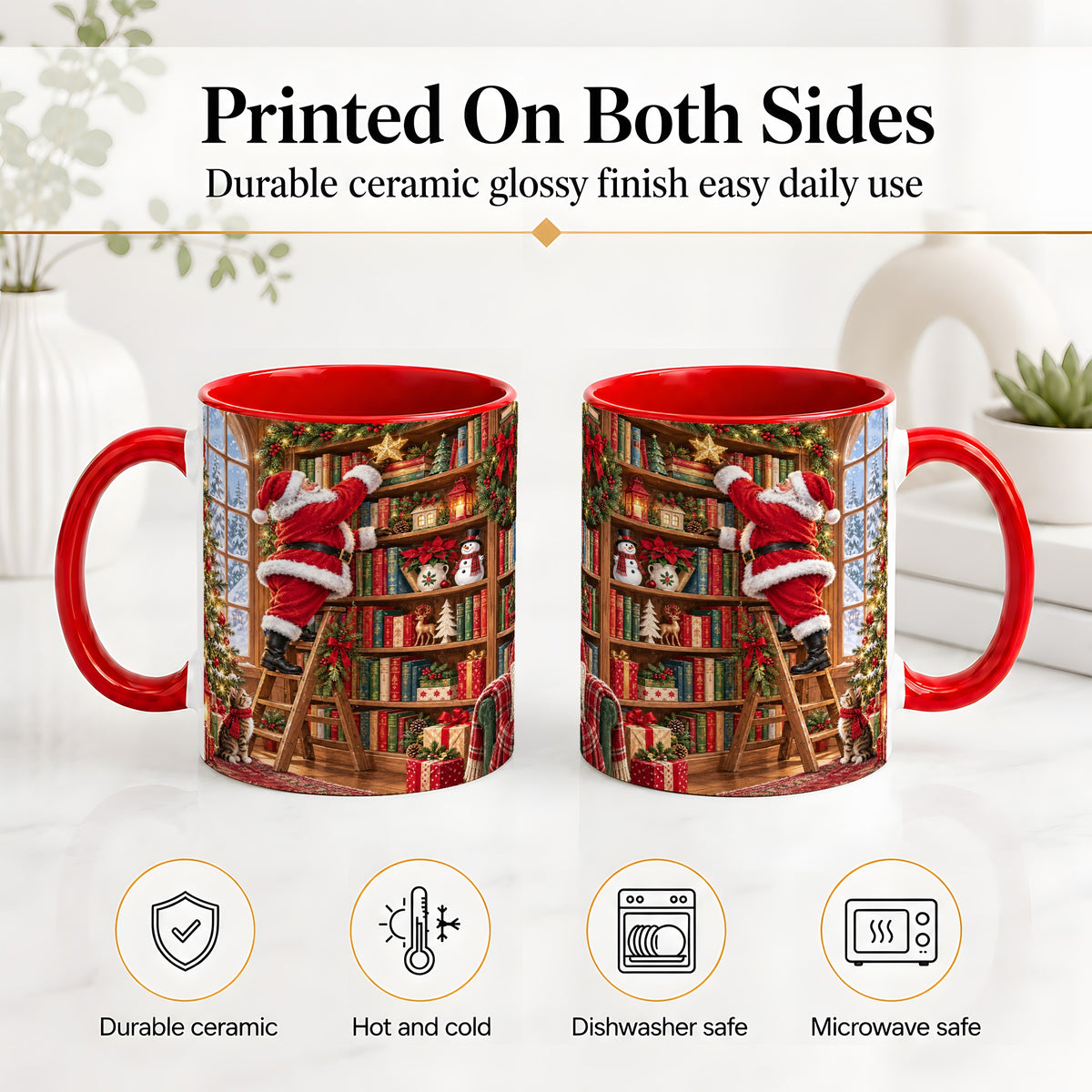 #pl[11oz|Red] Santa Library Accent Mug, Ceramic Mug with Christmas Book Artwork