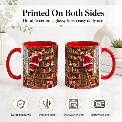 #pl[11oz|Red] Santa Library Accent Mug, Ceramic Mug with Christmas Book Artwork